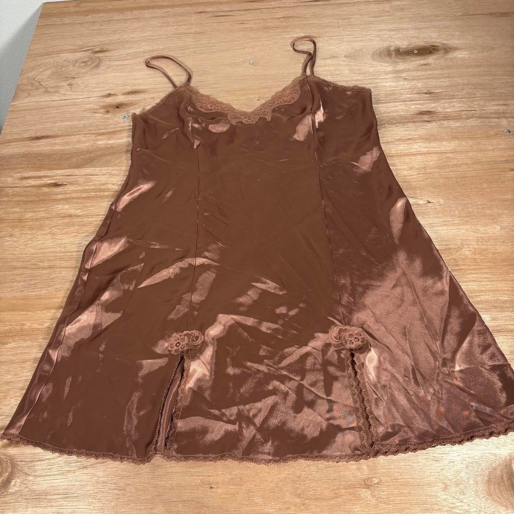 Delicates Brown Satin Lace Trim Chemise Nightgown Large Slit Slip Dress